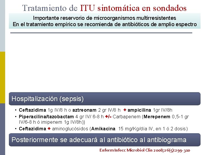 Tratamiento de ITU sintomática en sondados Importante reservorio de microorganismos multirresistentes En el tratamiento