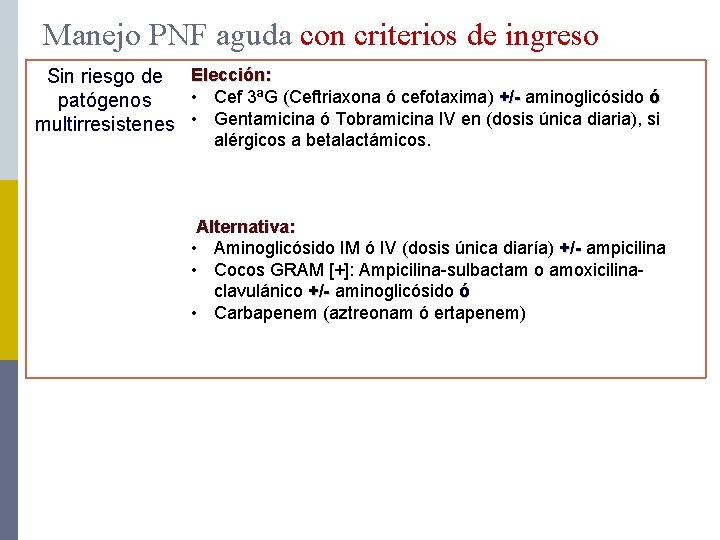 Manejo PNF aguda con criterios de ingreso Sin riesgo de Elección: • Cef 3ªG
