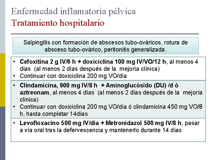 Enfermedad inflamatoria pélvica Tratamiento hospitalario Salpingitis con formación de abscesos tubo-ováricos, rotura de absceso