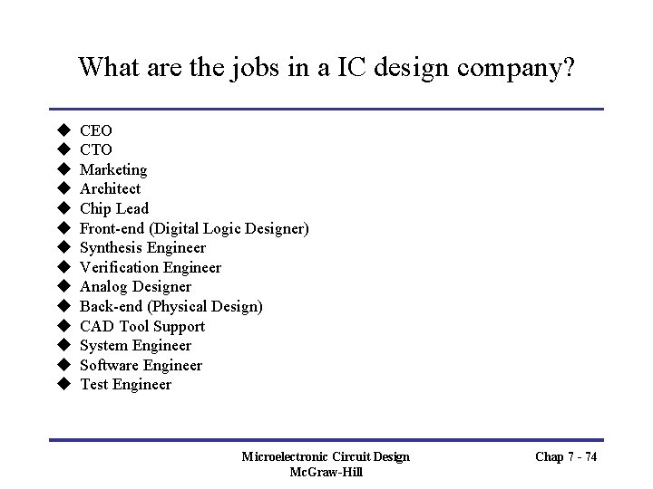 What are the jobs in a IC design company? u u u u CEO