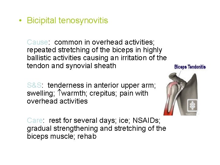  • Bicipital tenosynovitis Cause: common in overhead activities; repeated stretching of the biceps