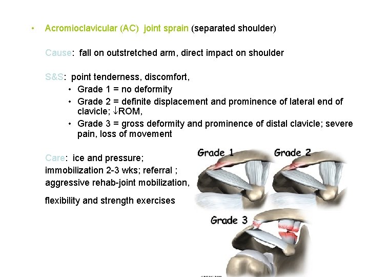  • Acromioclavicular (AC) joint sprain (separated shoulder) Cause: fall on outstretched arm, direct