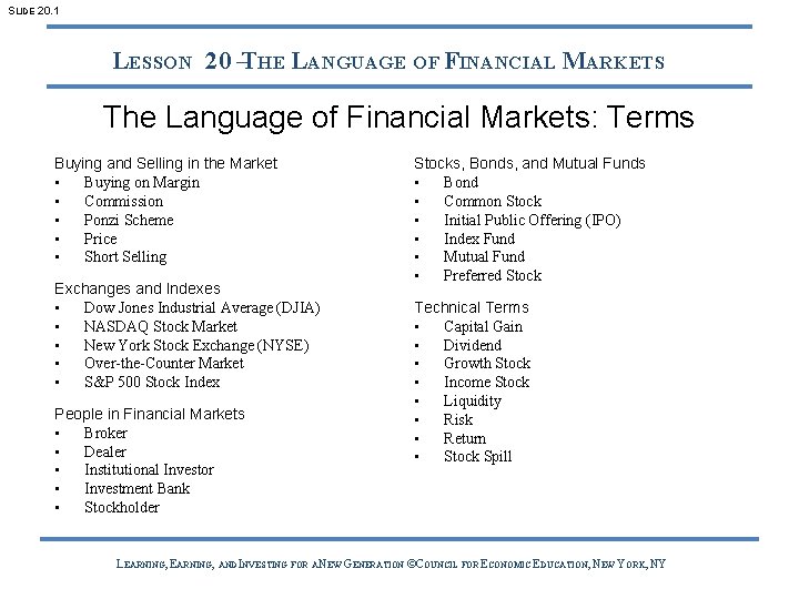 SLIDE 20. 1 LESSON 20 –THE LANGUAGE OF FINANCIAL MARKETS The Language of Financial