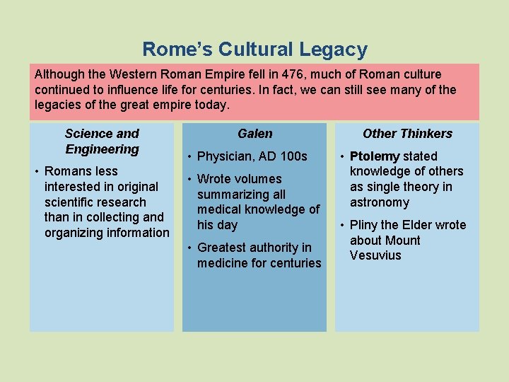 Rome’s Cultural Legacy Although the Western Roman Empire fell in 476, much of Roman