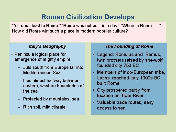 Roman Civilization Develops “All roads lead to Rome. ” “Rome was not built in