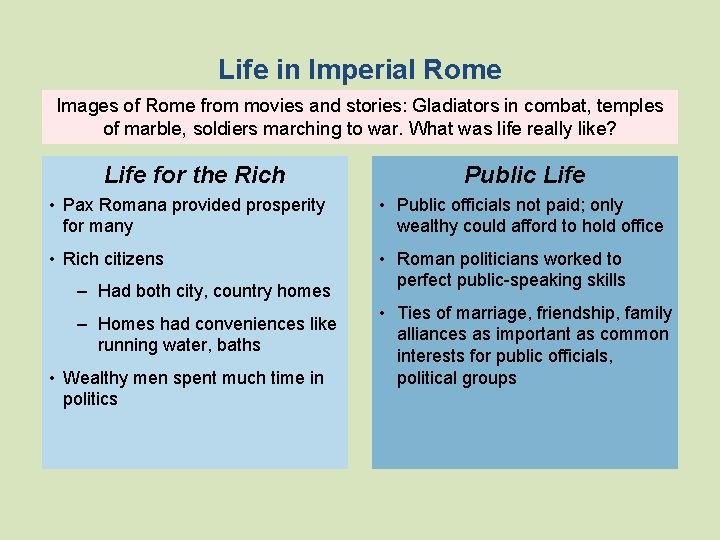 Life in Imperial Rome Images of Rome from movies and stories: Gladiators in combat,