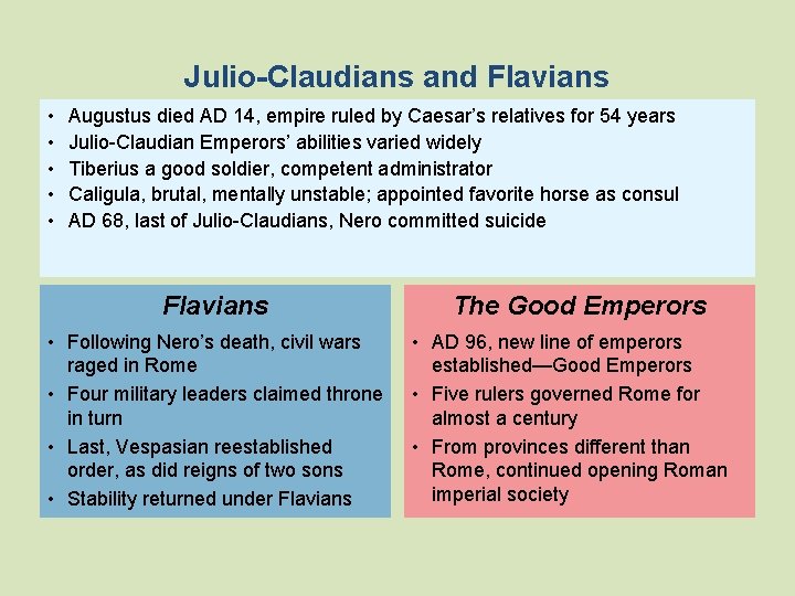 Julio-Claudians and Flavians • • • Augustus died AD 14, empire ruled by Caesar’s