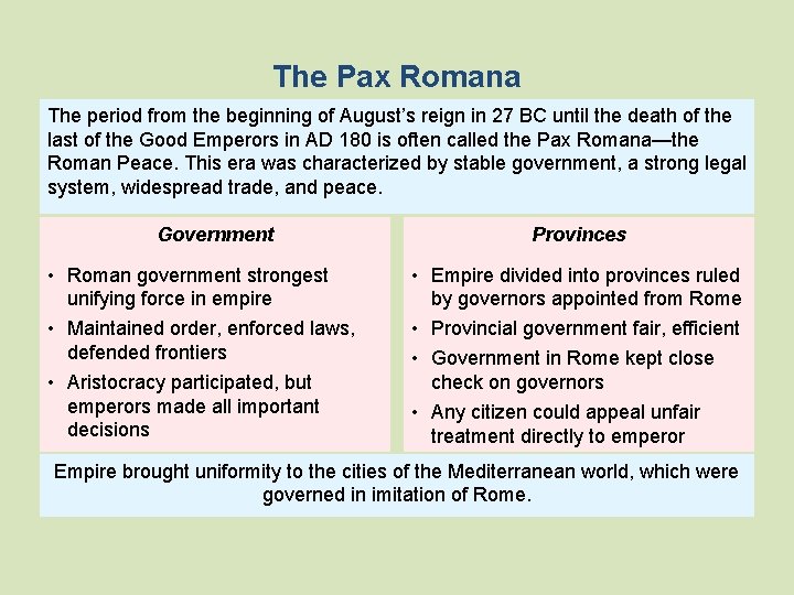 The Pax Romana The period from the beginning of August’s reign in 27 BC
