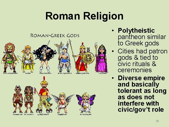 Roman Religion • Polytheistic pantheon similar to Greek gods • Cities had patron gods