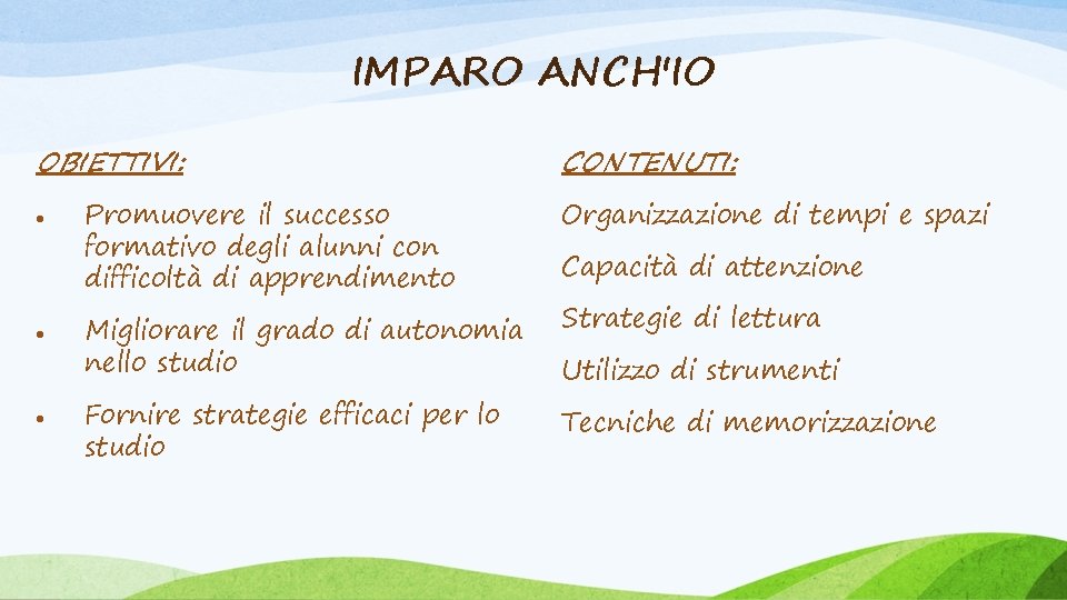 IMPARO ANCH'IO OBIETTIVI: Promuovere il successo formativo degli alunni con difficoltà di apprendimento CONTENUTI: IMPARO ANCH'IO OBIETTIVI: Promuovere il successo formativo degli alunni con difficoltà di apprendimento CONTENUTI: