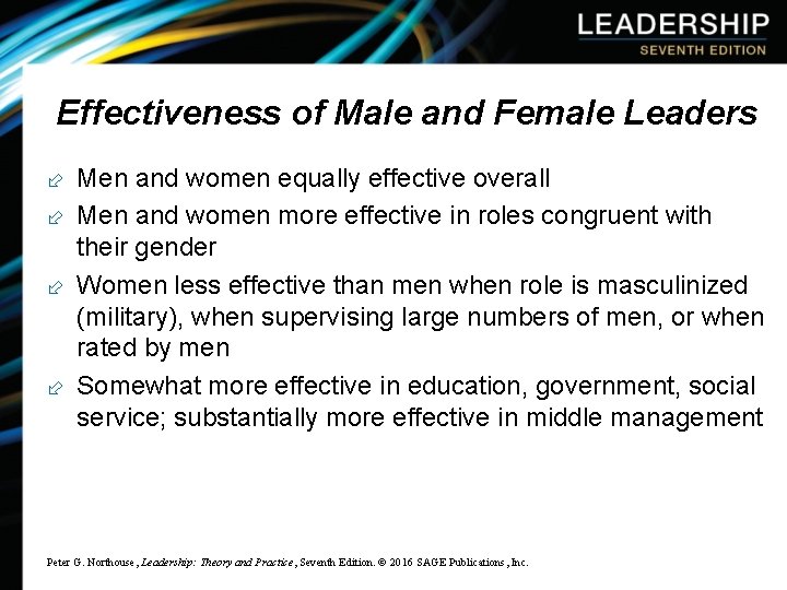 Effectiveness of Male and Female Leaders ÷ Men and women equally effective overall ÷