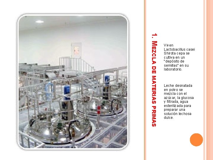 1. MEZCLA DE MATERIAS PRIMAS Viven Lactobacillus casei Shirota cepa se cultiva en un 1. MEZCLA DE MATERIAS PRIMAS Viven Lactobacillus casei Shirota cepa se cultiva en un