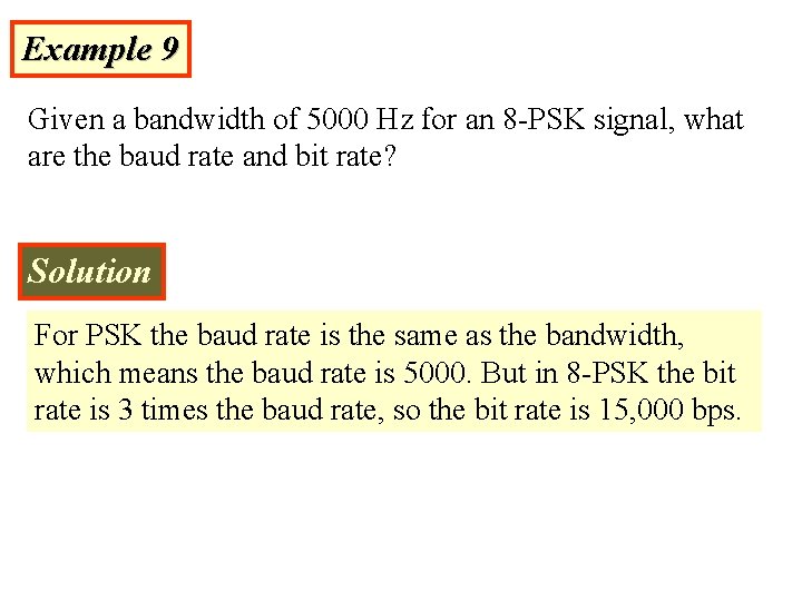 Example 9 Given a bandwidth of 5000 Hz for an 8 -PSK signal, what