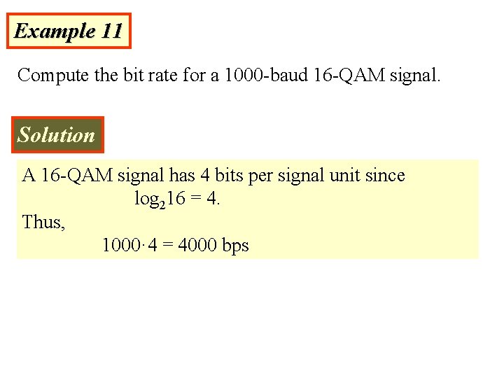 Example 11 Compute the bit rate for a 1000 -baud 16 -QAM signal. Solution