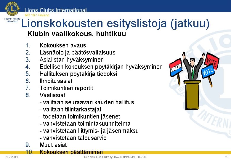 Lionskokousten esityslistoja (jatkuu) Klubin vaalikokous, huhtikuu 1. 2. 3. 4. 5. 6. 7. 8.