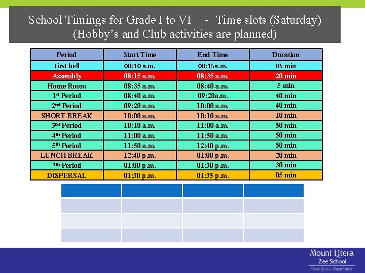 School Timings for Grade I to VI - Time slots (Saturday) (Hobby’s and Club