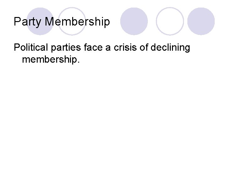 Party Membership Political parties face a crisis of declining membership. Party Membership Political parties face a crisis of declining membership.