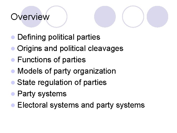 Overview l Defining political parties l Origins and political cleavages l Functions of parties Overview l Defining political parties l Origins and political cleavages l Functions of parties