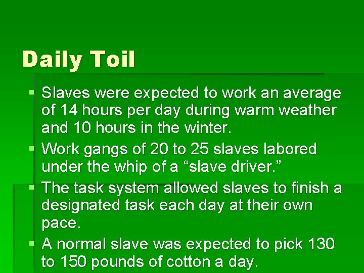 Daily Toil § Slaves were expected to work an average of 14 hours per