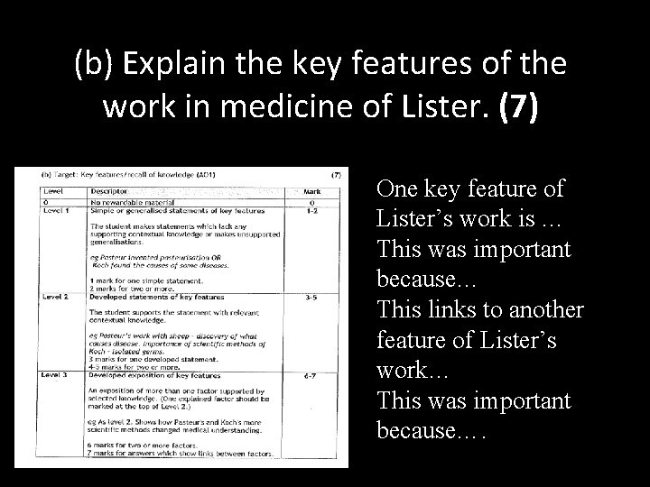 (b) Explain the key features of the work in medicine of Lister. (7) One