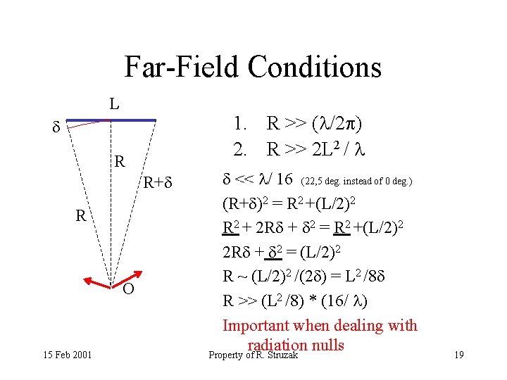 Far-Field Conditions L 1. R >> ( /2 ) 2. R >> 2 L