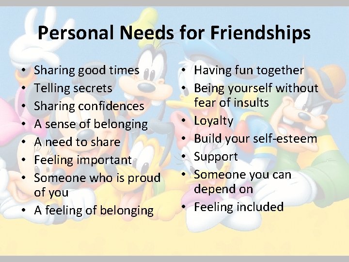 Personal Needs for Friendships Sharing good times Telling secrets Sharing confidences A sense of