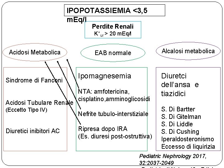 IPOPOTASSIEMIA <3, 5 m. Eq/l Perdite Renali K+ur > 20 m. Eq/l Acidosi Metabolica