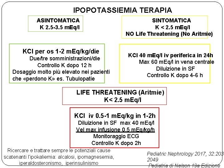 IPOPOTASSIEMIA TERAPIA ASINTOMATICA K 2. 5 -3. 5 m. Eq/l KCl per os 1