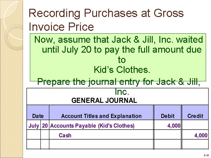 Recording Purchases at Gross Invoice Price Now, assume that Jack & Jill, Inc. waited