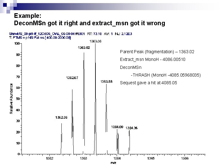 Example: Decon. MSn got it right and extract_msn got it wrong Parent Peak (fragmentation)