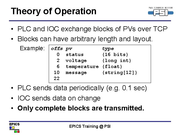 Theory of Operation • PLC and IOC exchange blocks of PVs over TCP •