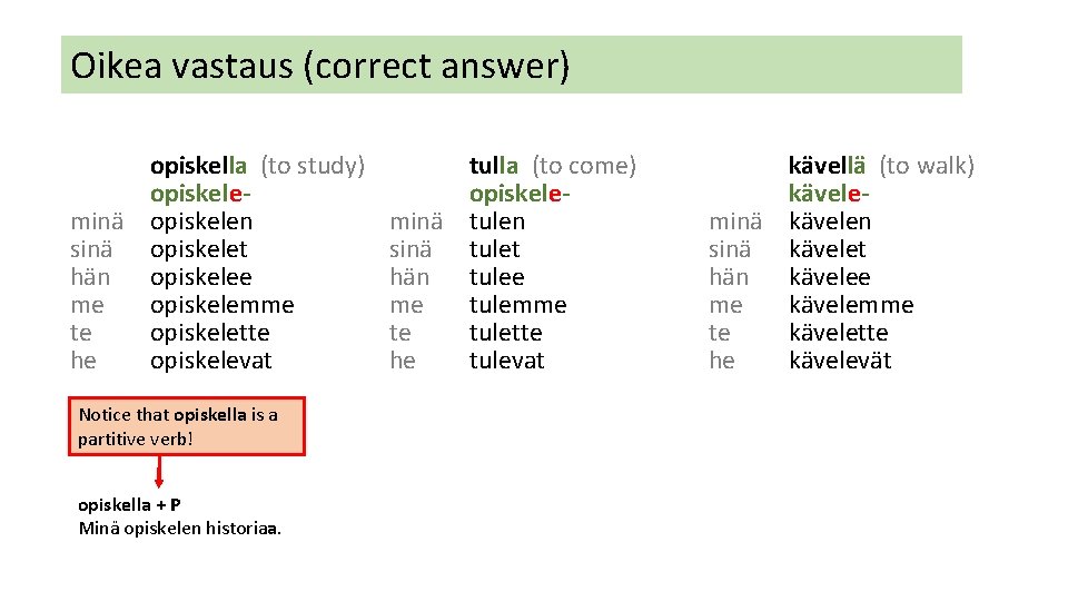 Oikea vastaus (correct answer) opiskella (to study) opiskeleminä opiskelen sinä opiskelet hän opiskelee me