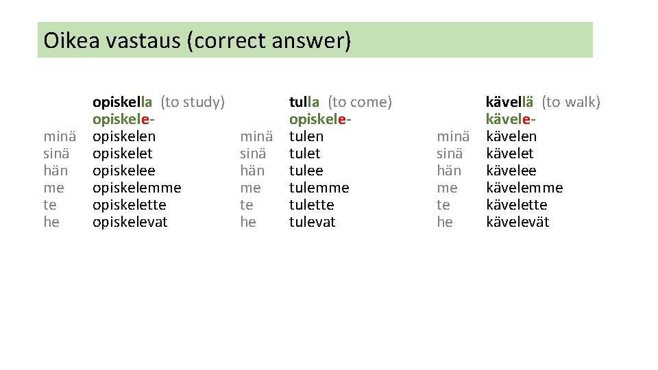 Oikea vastaus (correct answer) opiskella (to study) opiskeleminä opiskelen sinä opiskelet hän opiskelee me