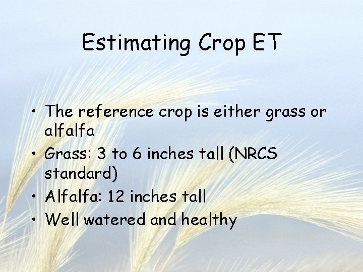 Estimating Crop ET • The reference crop is either grass or alfalfa • Grass: