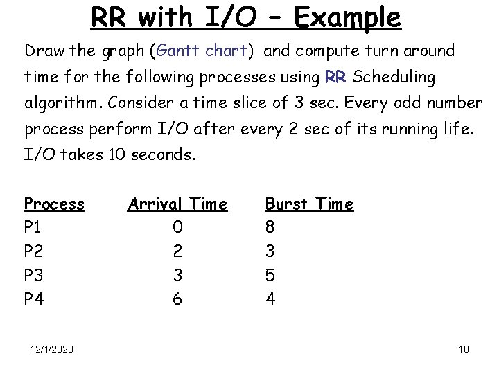 RR with I/O – Example Draw the graph (Gantt chart) and compute turn around