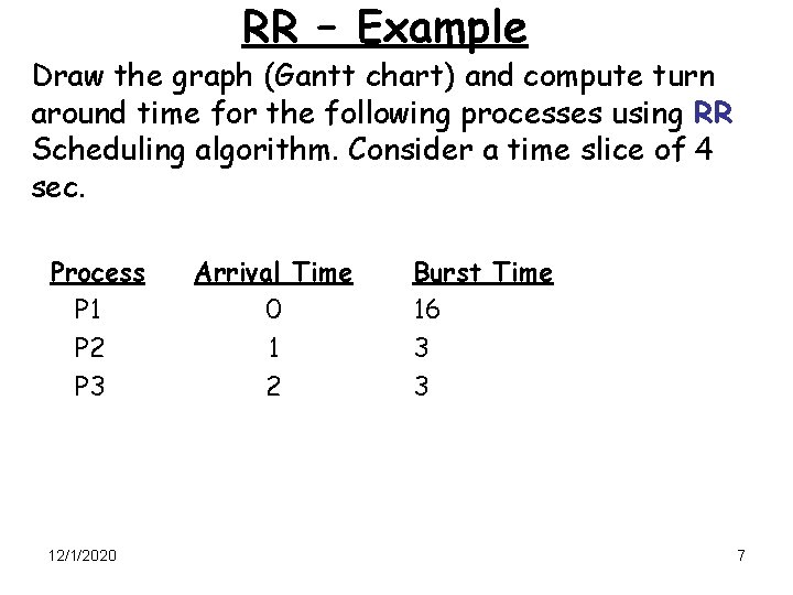 RR – Example Draw the graph (Gantt chart) and compute turn around time for