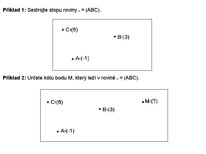 Příklad 1: Sestrojte stopu roviny s = (ABC). Příklad 2: Určete kótu bodu M,