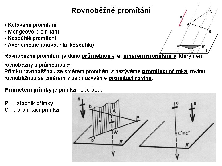 Rovnoběžné promítání • Kótované promítání • Mongeovo promítání • Kosoúhlé promítání • Axonometrie (pravoúhlá,