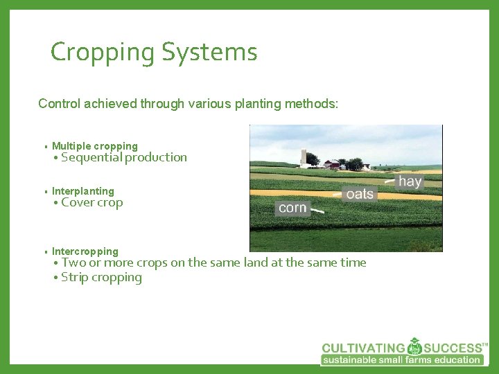 Cropping Systems Control achieved through various planting methods: • Multiple cropping • Interplanting •