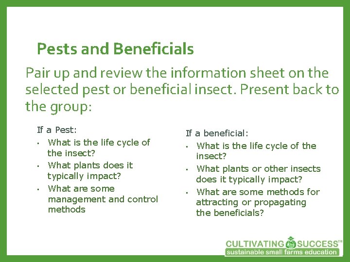 Pests and Beneficials Pair up and review the information sheet on the selected pest