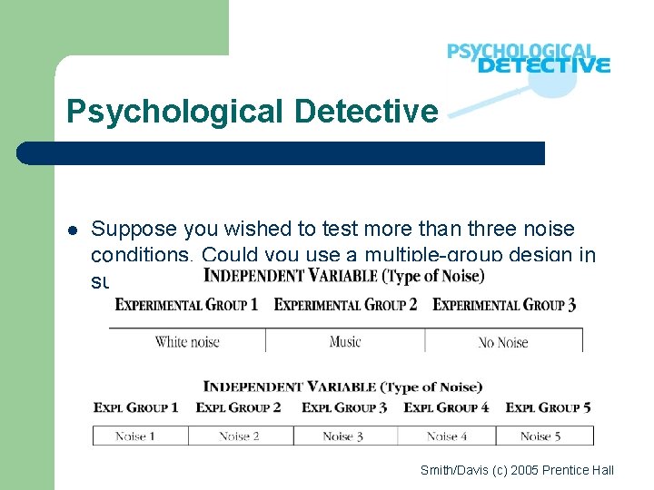 Psychological Detective l Suppose you wished to test more than three noise conditions. Could