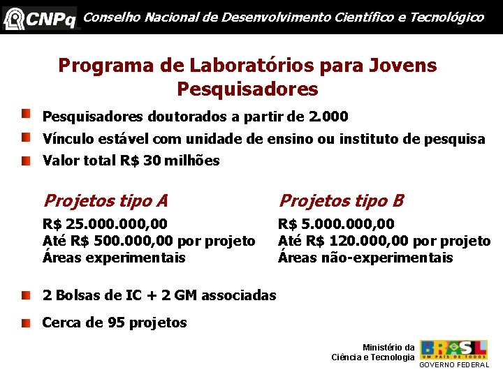 Conselho Nacional de Desenvolvimento Científico e Tecnológico Programa de Laboratórios para Jovens Pesquisadores doutorados