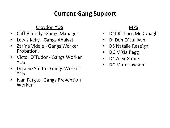 Current Gang Support • • • Croydon YOS Cliff Hilderly- Gangs Manager Lewis Kelly Current Gang Support • • • Croydon YOS Cliff Hilderly- Gangs Manager Lewis Kelly