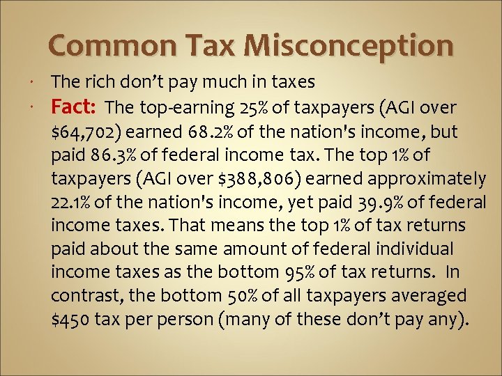 Common Tax Misconception The rich don’t pay much in taxes Fact: The top-earning 25%