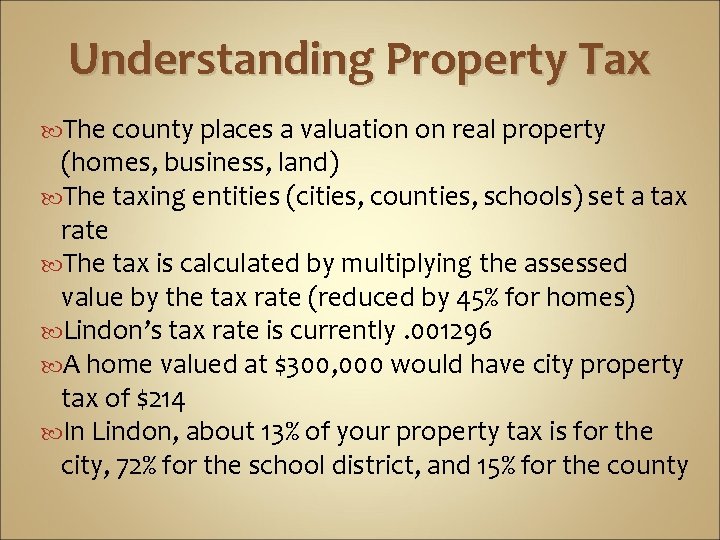 Understanding Property Tax The county places a valuation on real property (homes, business, land)