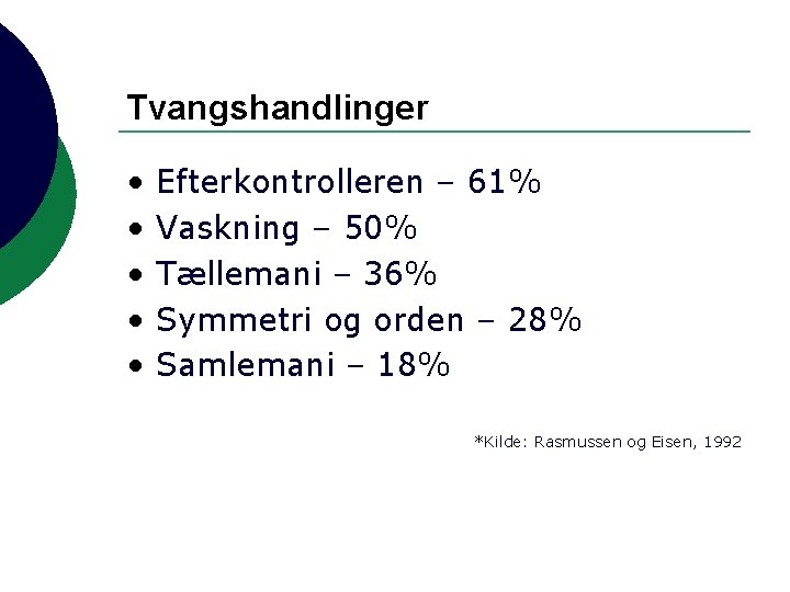 Tvangshandlinger • • • Efterkontrolleren – 61% Vaskning – 50% Tællemani – 36% Symmetri