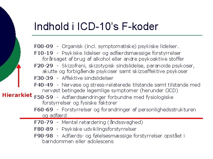 Indhold i ICD-10’s F-koder F 00 -09 - Organisk (incl. symptomatiske) psykiske lidelser. F