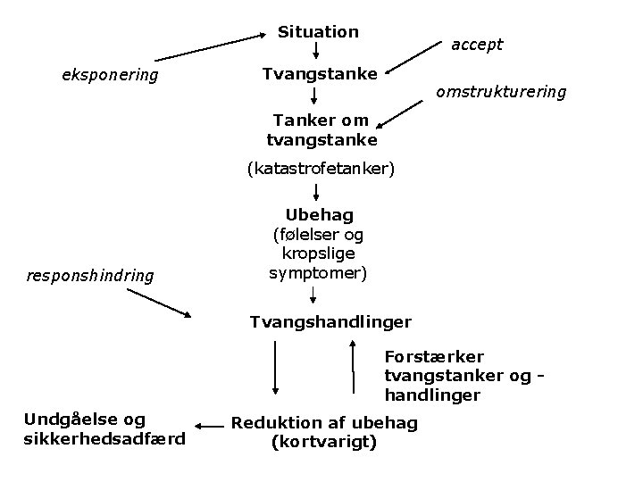 Situation eksponering accept Tvangstanke omstrukturering Tanker om tvangstanke (katastrofetanker) responshindring Ubehag (følelser og kropslige