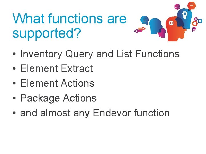 What functions are supported? • • • Inventory Query and List Functions Element Extract