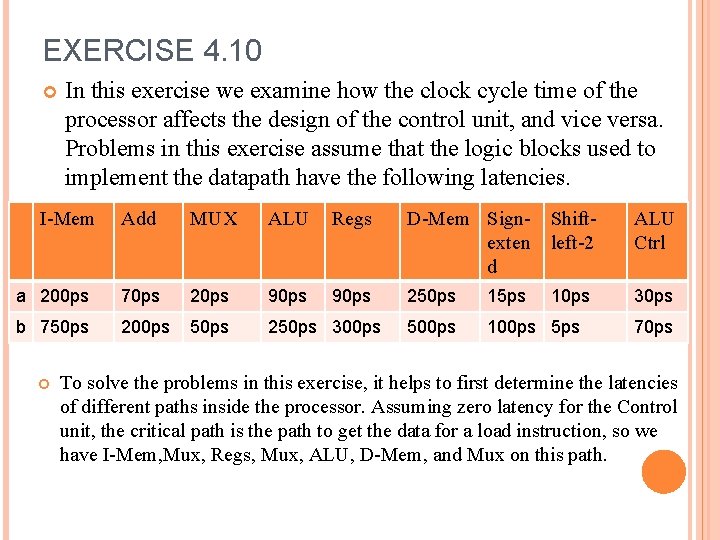 EXERCISE 4. 10 In this exercise we examine how the clock cycle time of